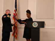 Chief Konz being administered the oath of office by City Clerk, Quin Moorer.