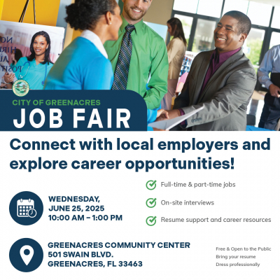 Greenacres Job Fair on June 25, 2025 from 10:00 am to 1:00 pm.
