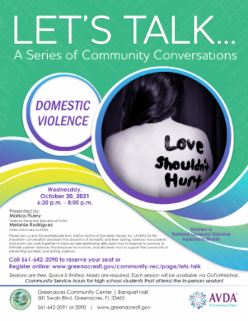 Let's Talk: Domestic Violence, October 20, 2021 from 6:30 to 8:00 p.m. 